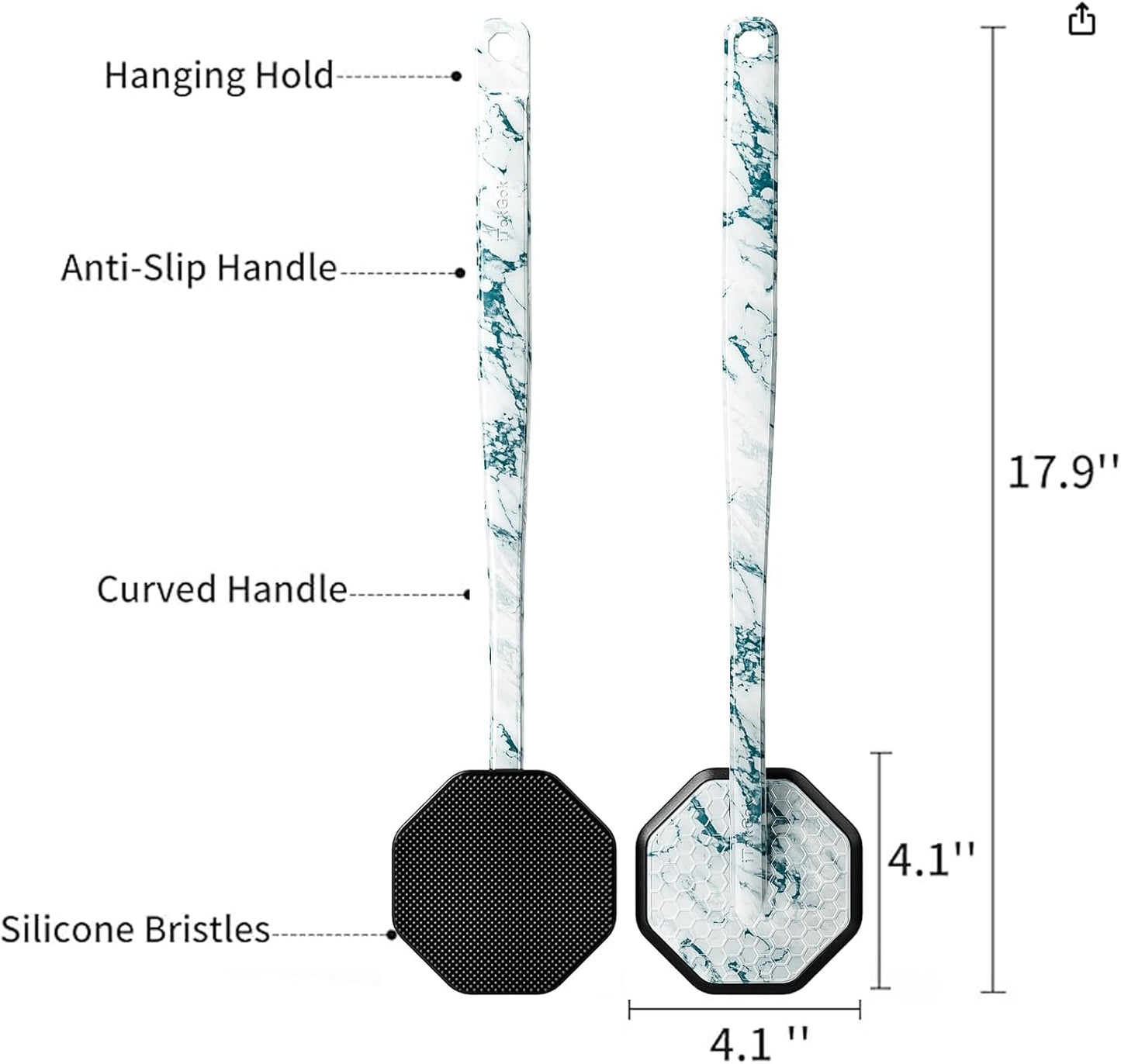 iTokGoK® Platinum Green Emerald Silicone Back Scrubber with Long Handle Back Brush for Shower,Silver-Infused Back Scrubber for Men and Women