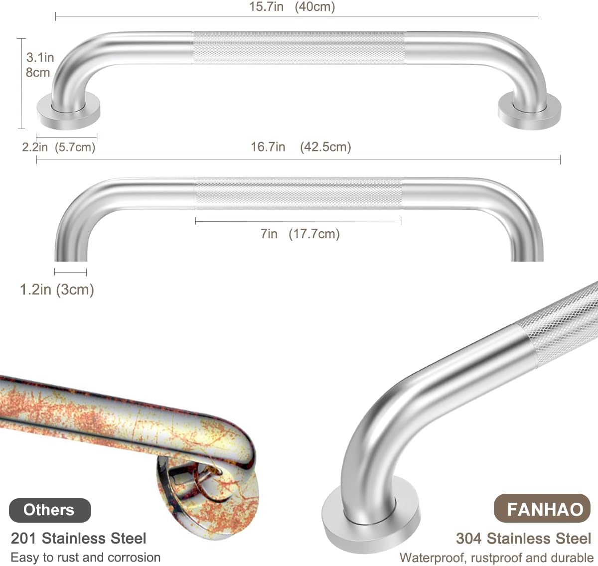 FANHAO 2 Pack Shower Grab Bar, 16 Inch Stainless Steel Bathroom Grab Bar with Anti-Slip Knurled Grip, Heavy Duty Shower Handle Bath Handle, Safety Bars for Elderly or Handicapped (Brushed)