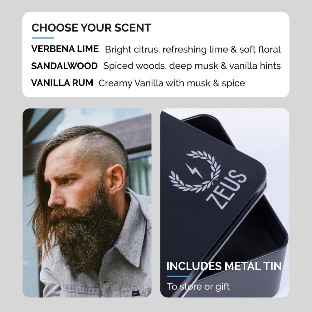 ZEUS Everyday Beard Kit for Men, Facial Hair Shampoo, Conditioner, Oil, Balm & Tin Gift Box, Premium Beard Care & Grooming Set (Made in USA) Sandalwood