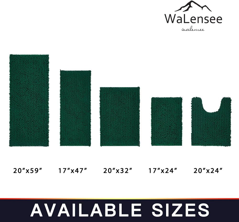 Walensee Bathroom Rug 2 Pieces Set Non Slip Bath Mat (20"x32" Plus 20"x24" U Hunter Green) Water Absorbent Super Soft Shaggy Chenille Machine Washable Dry Extra Thick Perfect Carpet for Shower Floor