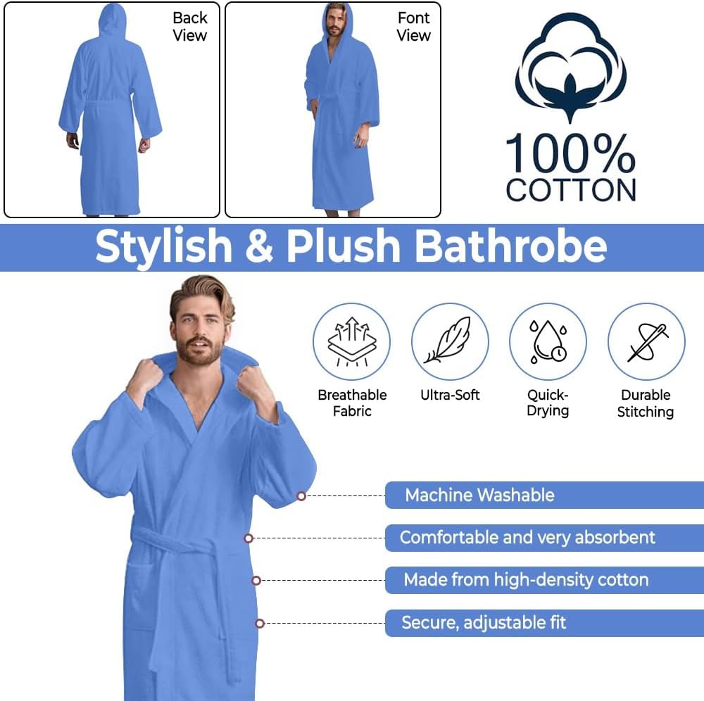 Men’s Hooded Bathrobe, 100% Cotton Terry Bathrobe, Spa Style Bath Robe, Absorbent Shower Robe, Lightweight Towel Bathrobes