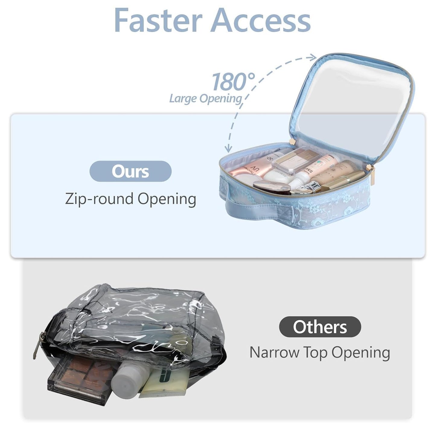 PACKISM TSA Approved Toiletry Bag - Floral Texture Lace Clear Makeup Bags, Ease of Clamshell Closing, Handles and Double Zippers, 0.5 mm Thicker Clear Toiletry Bags, Good for Travel, Blue