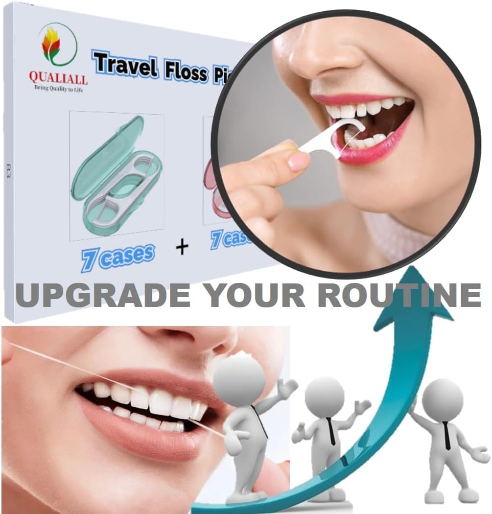 14 Packs Travel Dental Floss Pick Case, Holder, Come with 140pcs Premium QUALIALL Toothpick Flossers for Adults Teeth Cleaning, Sealed Portable Refillable, Green, Pink.