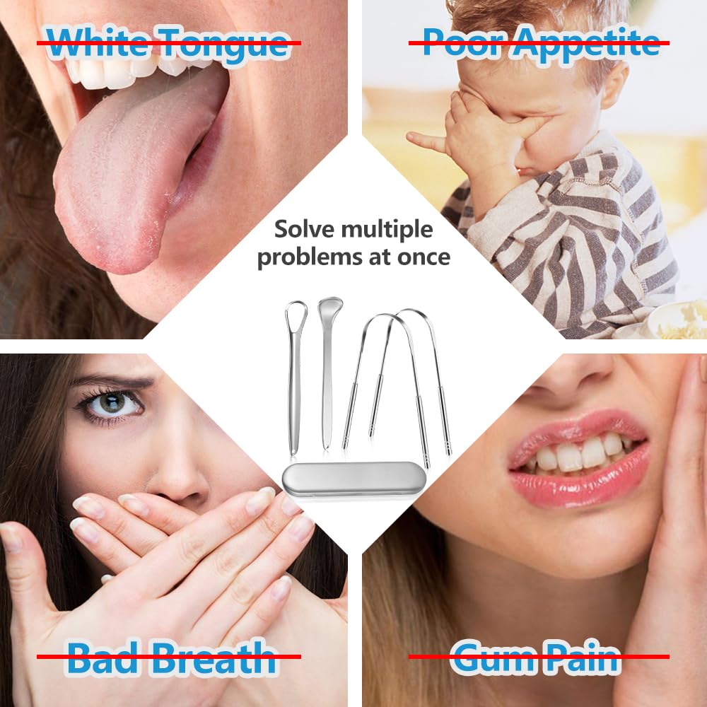 MORGLES Metal Tongue Scraper, 4 Pcs Tongue Cleaners with Case for Adults