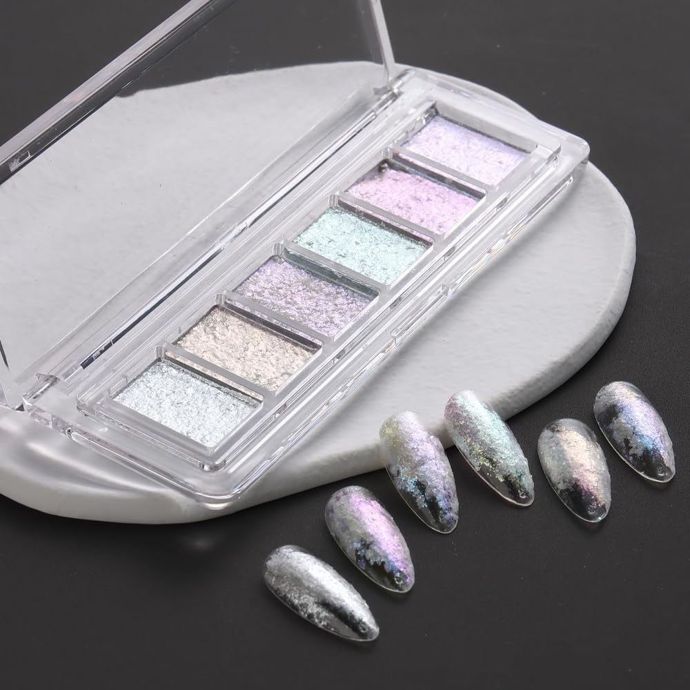 6 Colors Solid Opal Aurora Nail Powder Set, Iridescent Aurora Pigment Holographic Chameleon Sparkly Flakes Glitter Dust Kit for Gel Polish Nail Art Decorations…