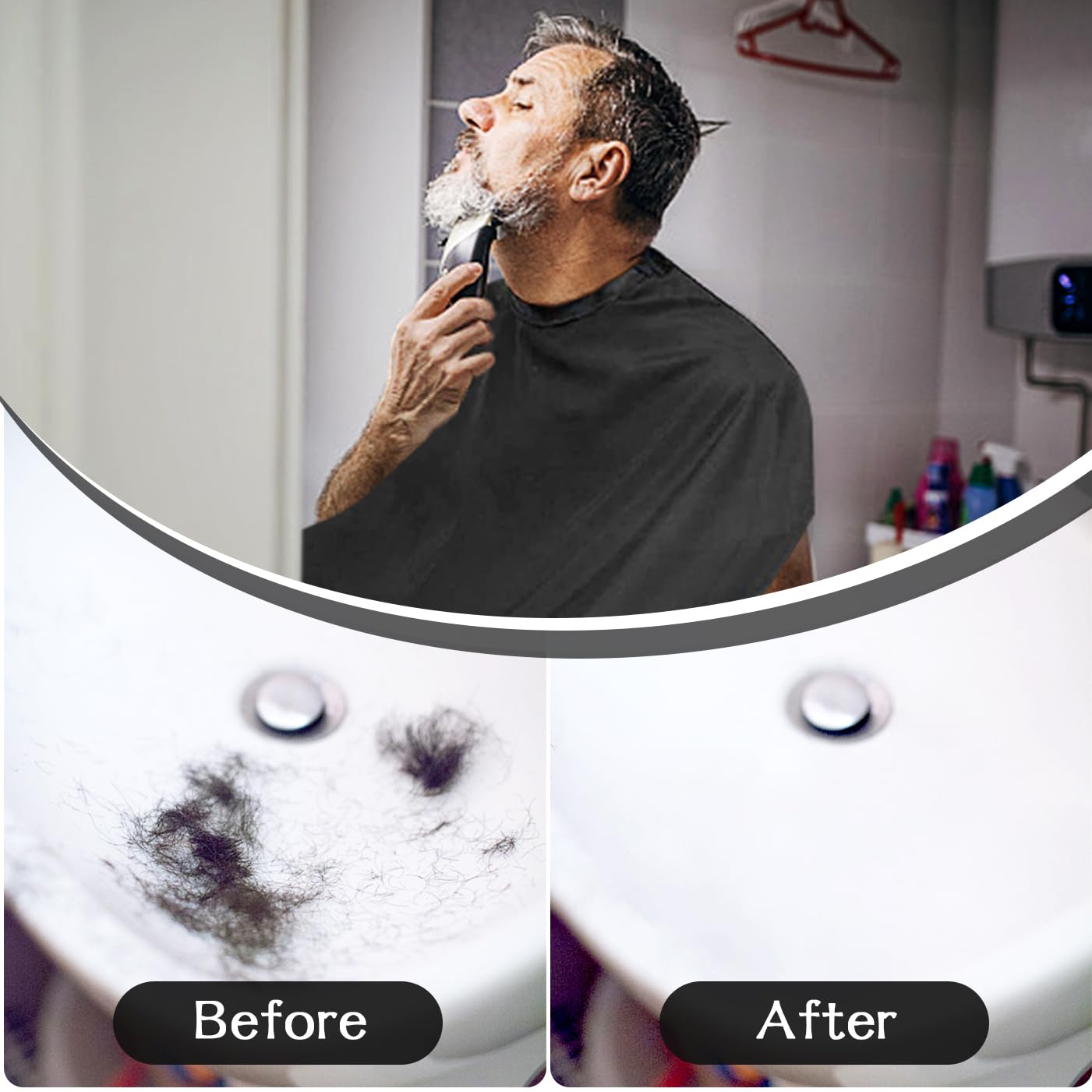 Beard Bib Apron, Trimming Catcher Bib for Shaving & Hair Clippings, Father's Day Gift Men's Waterproof Non-Stick Beard Cape Grooming Cloth, with 2 Suction Cups - Black