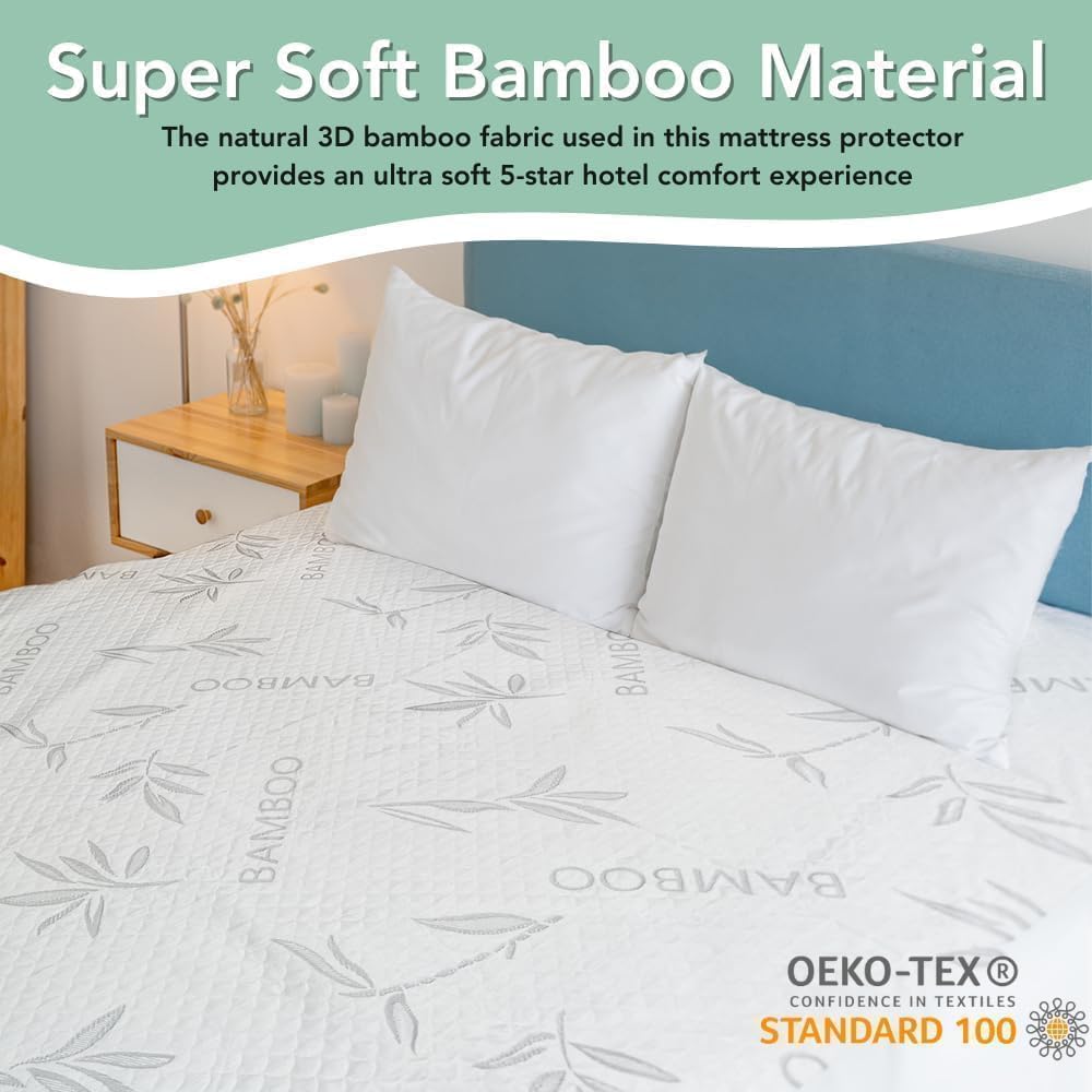 Bamboo Rayon Mattress Protector with Zipper +1 Pillow Protector - 100% Waterproof Cooling Twin Size Cover - Ultra Soft Fabric Breathable Noiseless Mattress Pad Covers Zippered Encasement