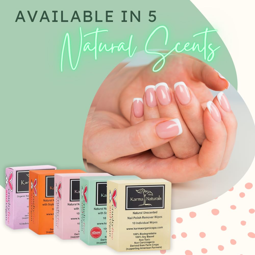 Karma Organic Natural Nail Polish Remover Wipes with Soybean and Tea Tree Oil, 100% Soy Based, Non-Toxic, Vegan, Cruelty-Free – Pack of 10