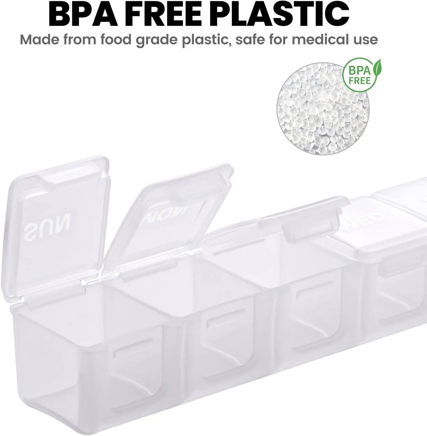 Sukuos Extra Large Weekly Pill Organizer, 7 Day Daily Pill Box Case Arthritis Friendly, Silkscreen Printed Medicine Container with Clear Lid for Vitamins, Fish Oils or Supplements (White)