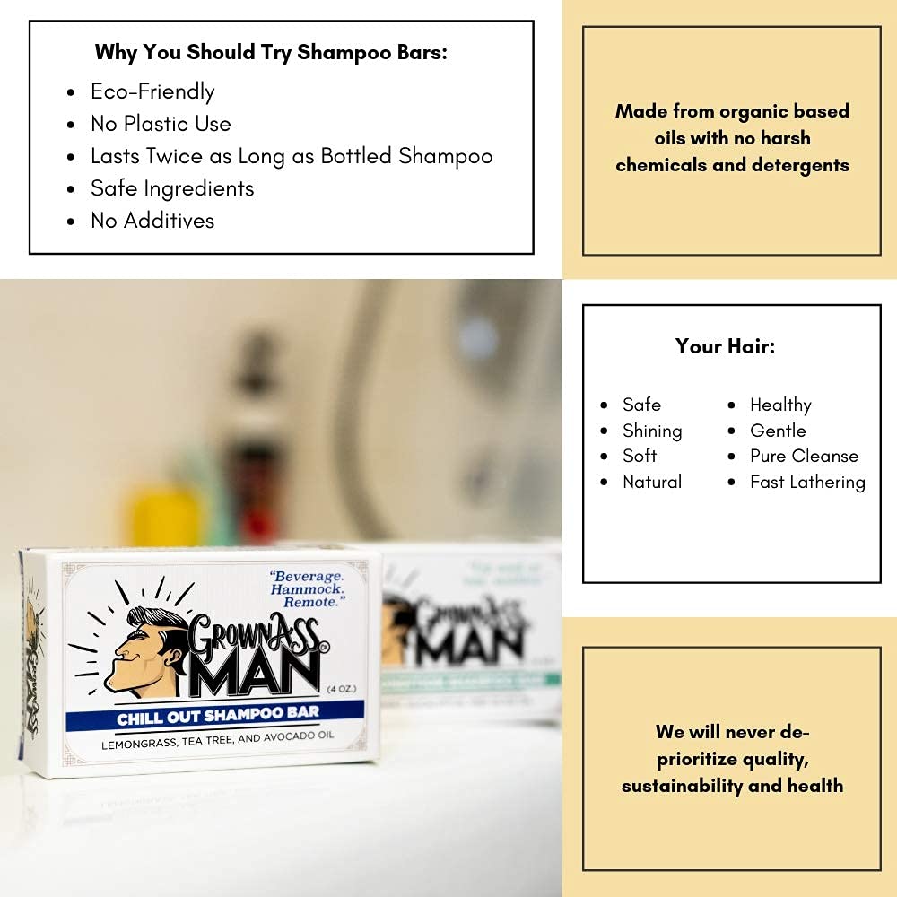 Grown Ass Man Co. - Solid Shampoo Bar Rich Lather 3 in 1: Hair, Beard & Body Wash - Plastic Free & Eco-Friendly, Natural & Organic Clean for All Hair Types, 4oz Bar (Mint Condition, Single)
