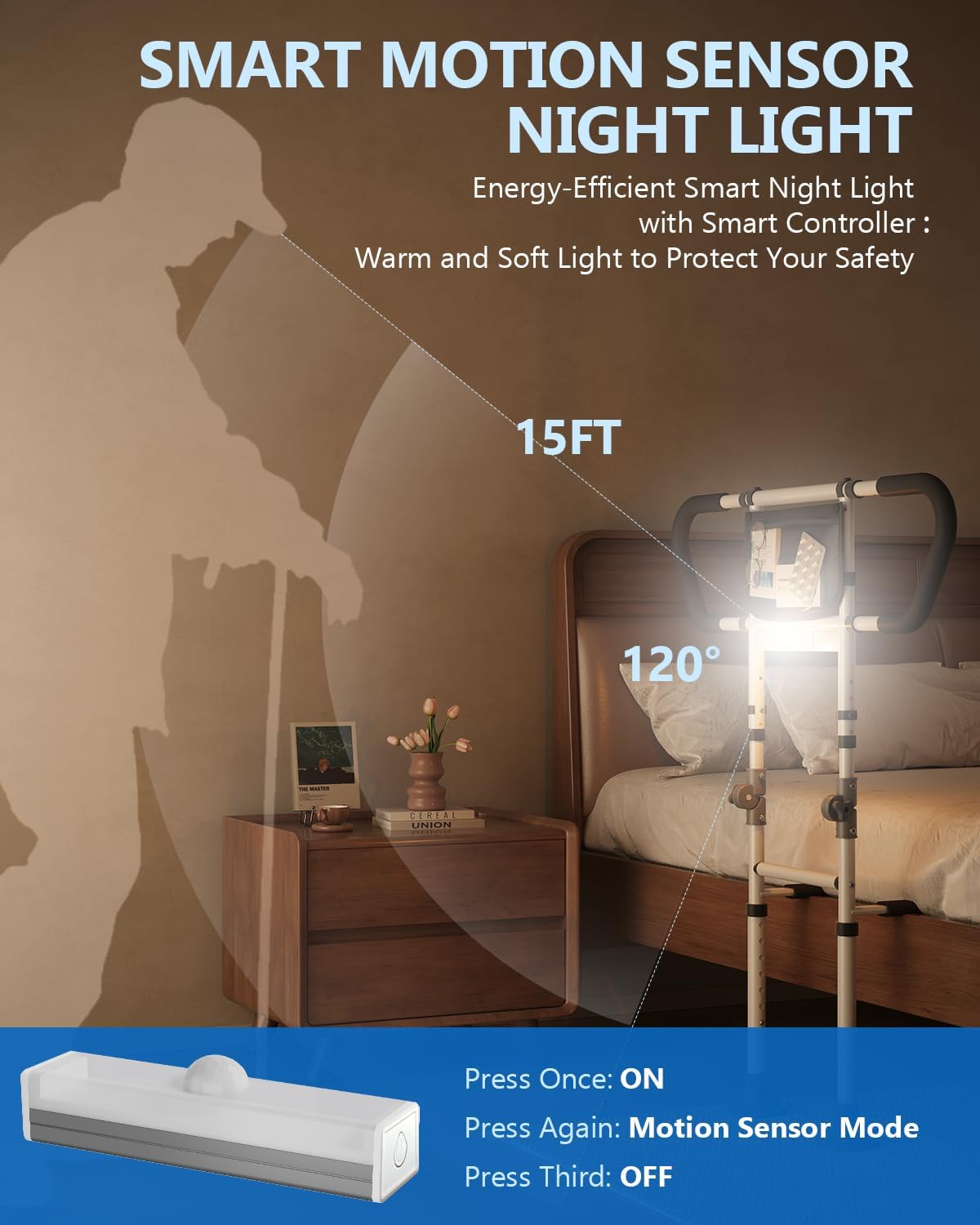 Bed Rails for Elderly Adults Seniors Adjustable Height Foldable Safety Rail with 400 Lbs Capacity Non-Slip Handle, Night Light, Fall Prevention Grab Bar for King Queen Full Twin Beds White