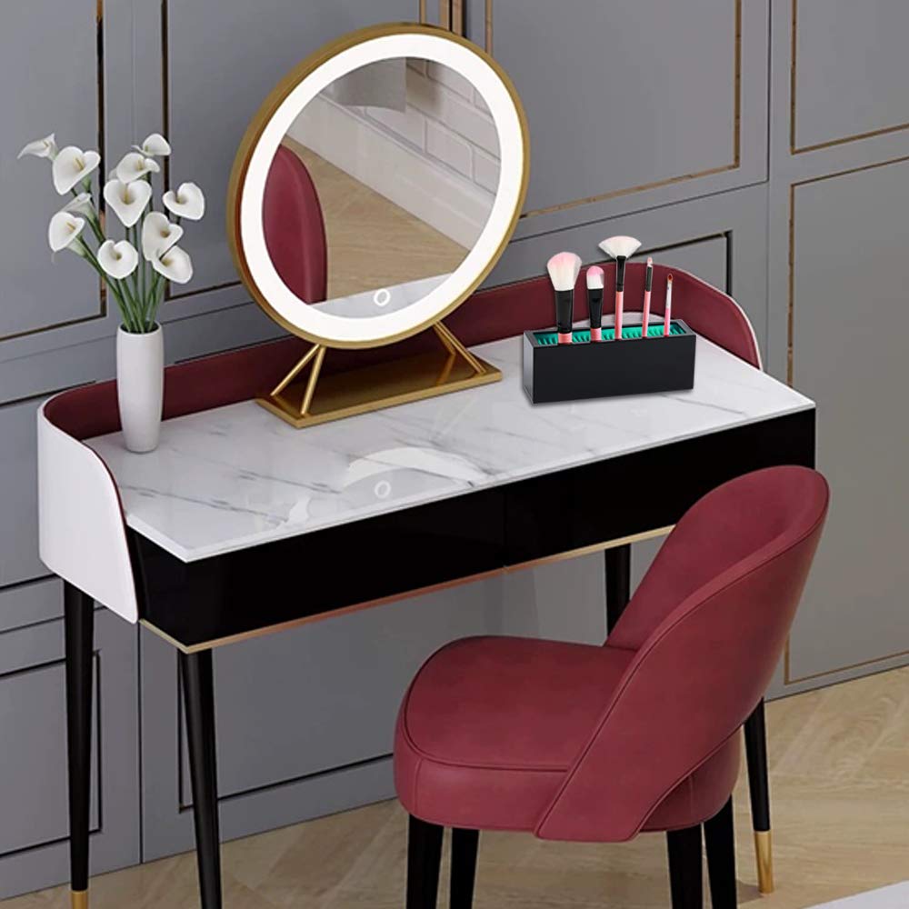 Makeup Brushes Holder Organizer, Silicone Vanity Air Drying Rack Display Storage for Brush, Eyeliners and More, Practical Cosmetic Tools Container (Blue-White)