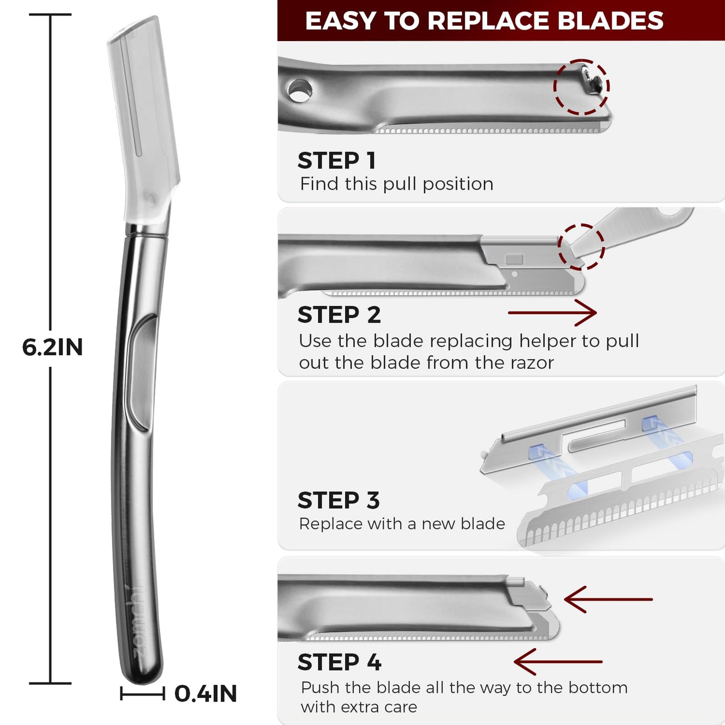 ZOMCHI Eyebrow Razor and Face Razor for Women and Men, Reusable Metal Handle with 11 Refill Blades, Dermaplane Razor with Protective Silicone Cap, Eyebrow Hair Trimmer - Polished Silver