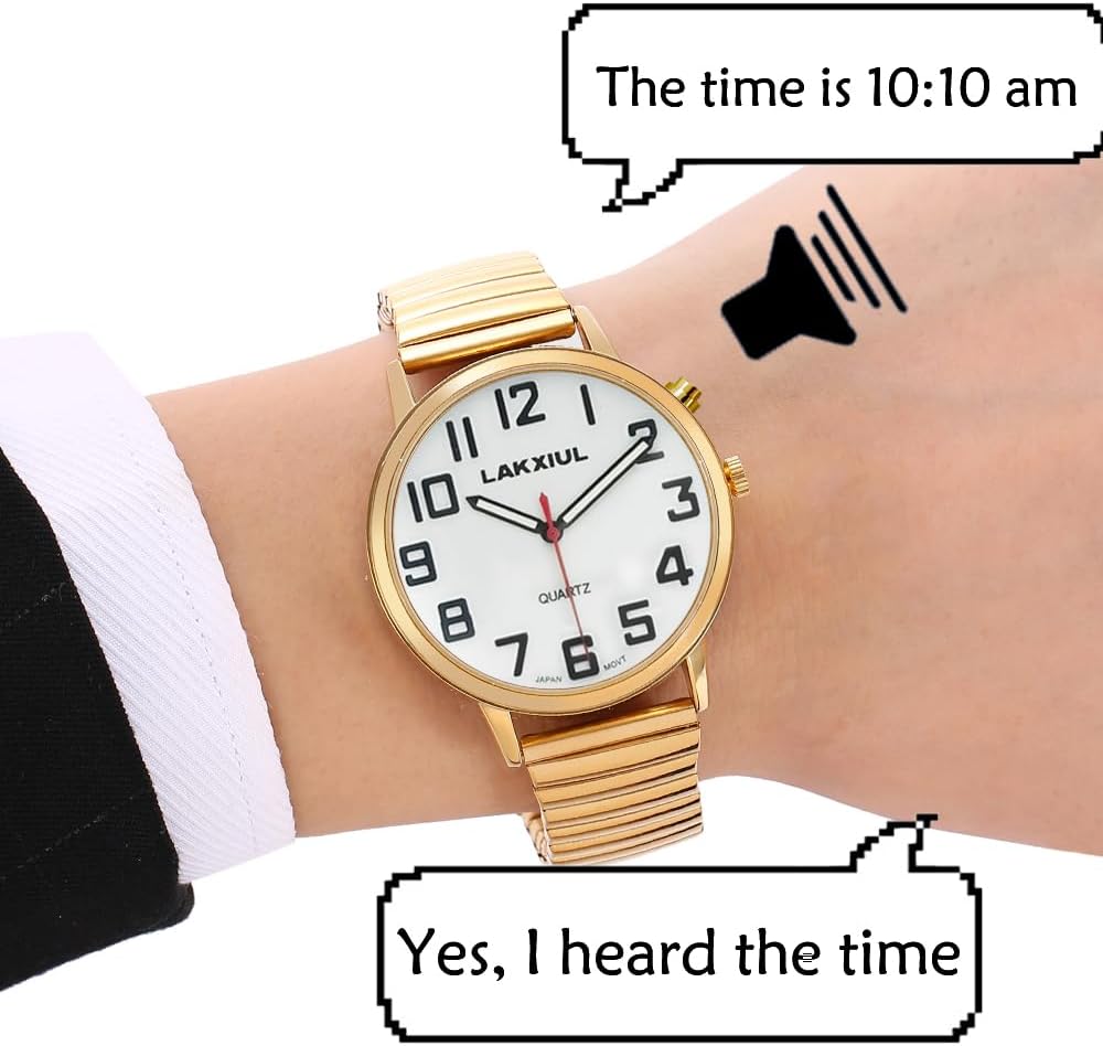 English Talking Watch with Large Numbers, Time-Date Announcement, Stainless Steel Telescopic Strap, Alarm Clock