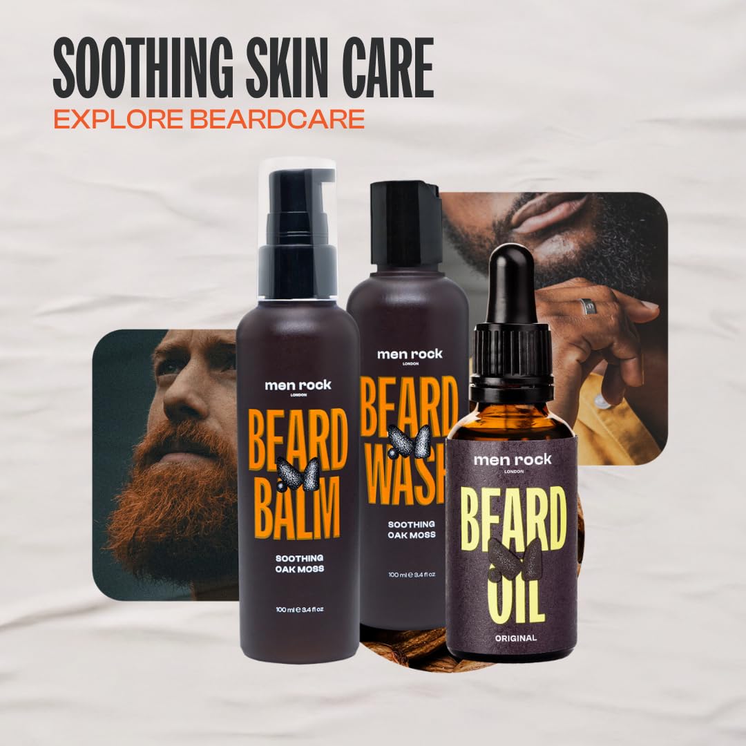 Men Rock Beardy Beloved Soothing Essential Beard Kit - Oak Moss - Beard Oil, Balm and Wash - Mens Face Care - Skincare Products for Men - 3 Pc