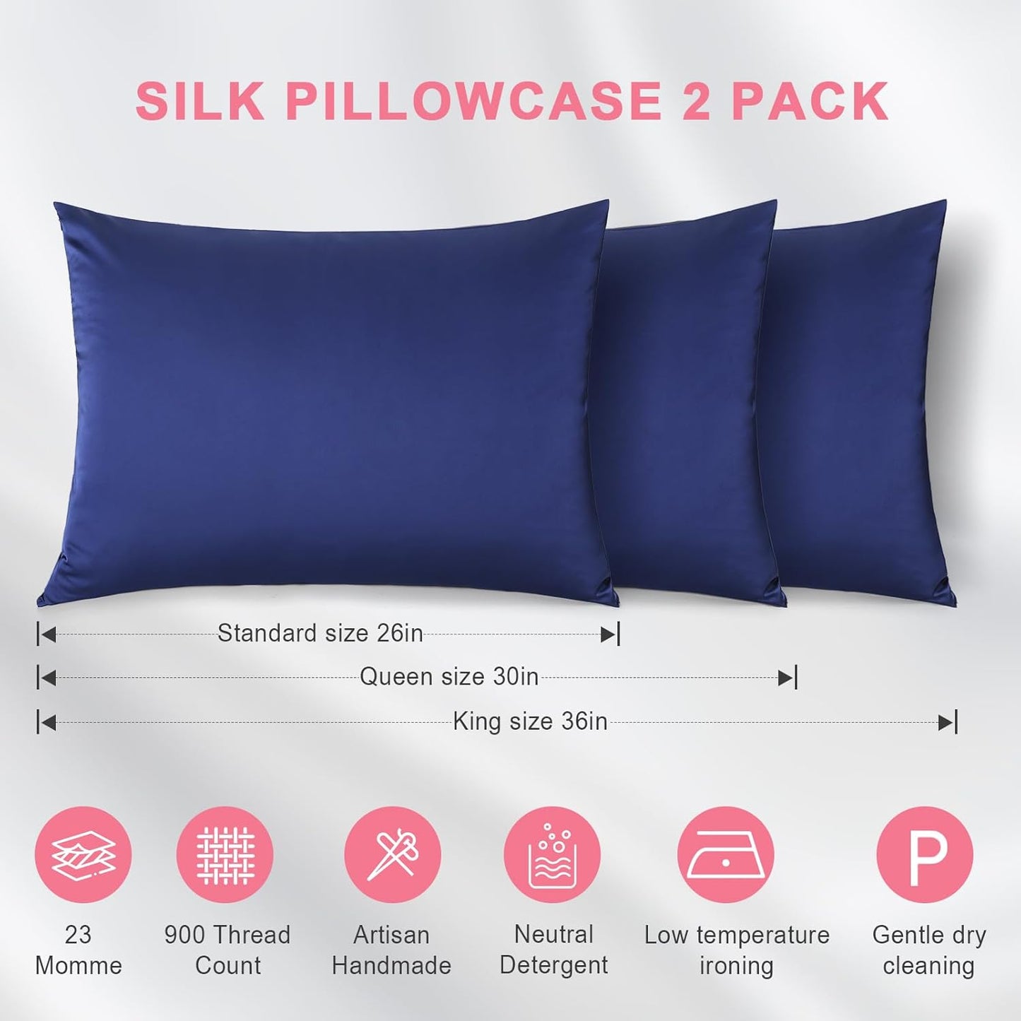 100% Silk Pillowcase 2 Pack for Hair and Skin, Both Sides 23 Momme Grade 6A+ Mulberry Silk Pillowcases with Hidden Zipper, Soft&Smooth Cooling Pillow Cases (Navy Blue, Queen 20×30)