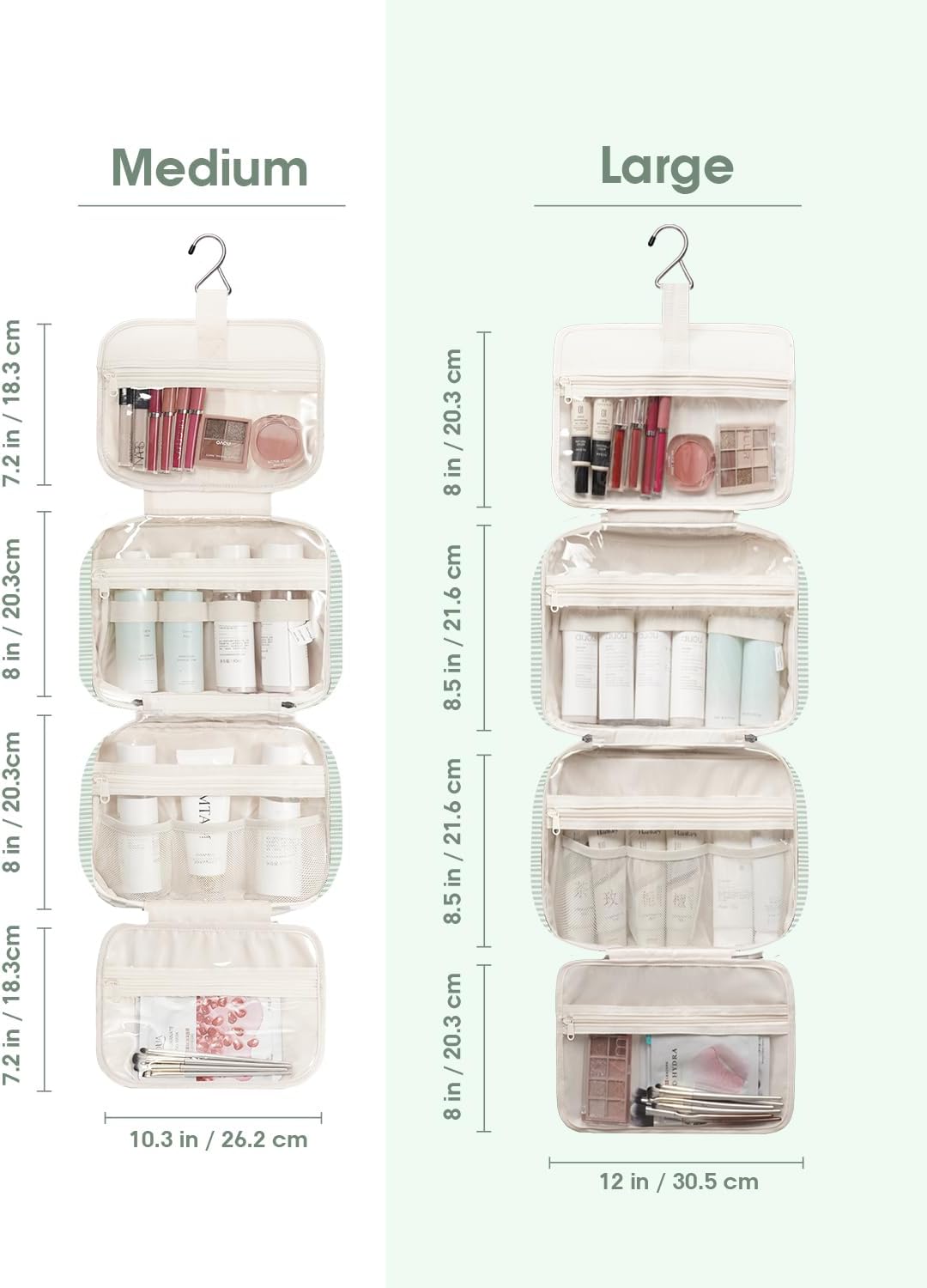 Narwey Striped Hanging Toiletry Bag for Women Travel Makeup Bag Organizer Toiletries Bag for Travel Size Essentials Accessories Cosmetics (Mint Green Stripe (Medium))