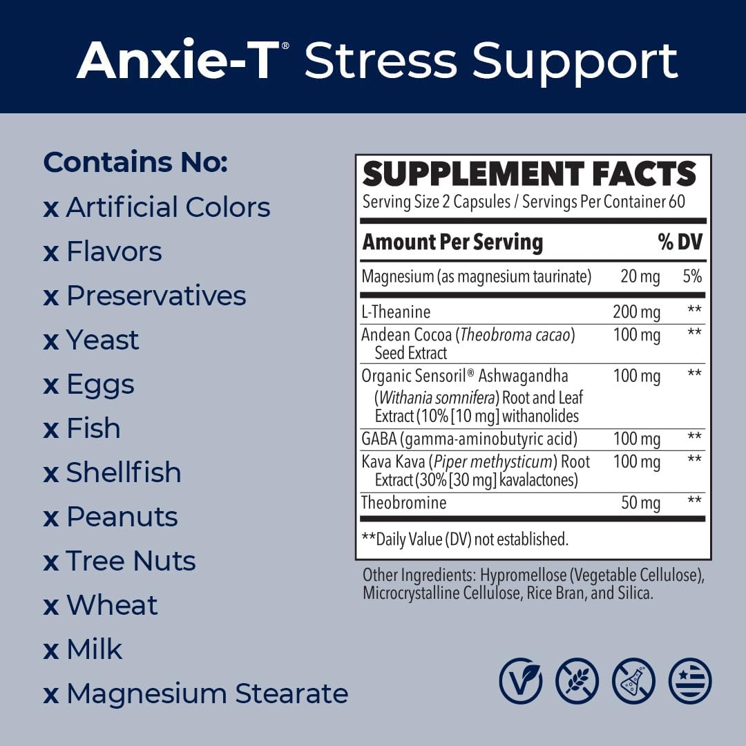 Anxie-T - Stress Relief Supplement - Supports Mood & Mental Focus - Feel Calm and Relaxed - Eases Tension & Nervousness - Ashwagandha, Kava Kava, GABA & L-Theanine - 120 Capsules