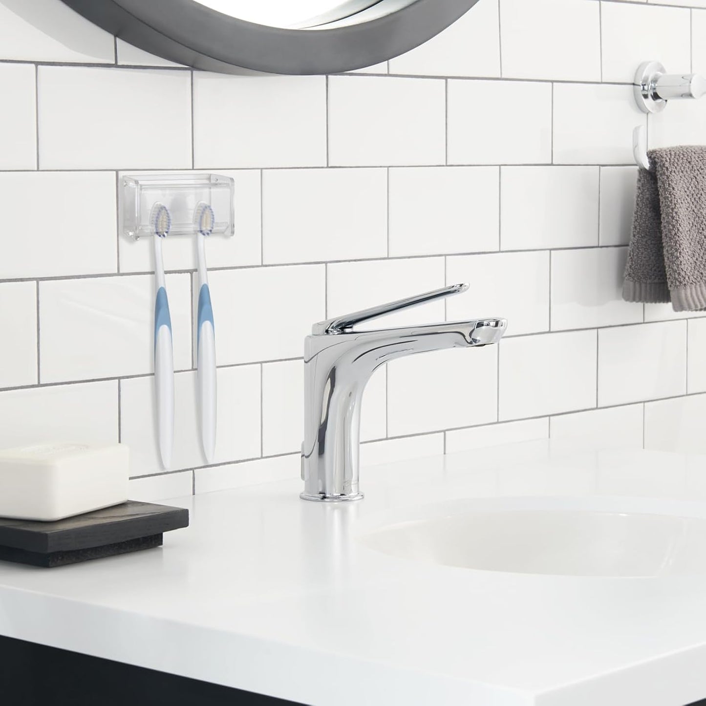 2 Pack Toothbrush Holder Wall Mounted with Cover for Bathroom, 2 Slots Toothbrush Storage Organizer for Shower, Self Adhesive Toothbrush Hanger Rack for Dorm, Cabinet (Clear)