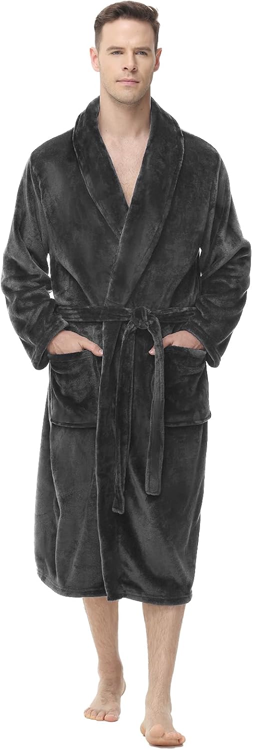 Yurhap Mens Fleece Robe, Soft Plush Robe for Men, Fluffy Bathrobe with Belt & 2 Pockets