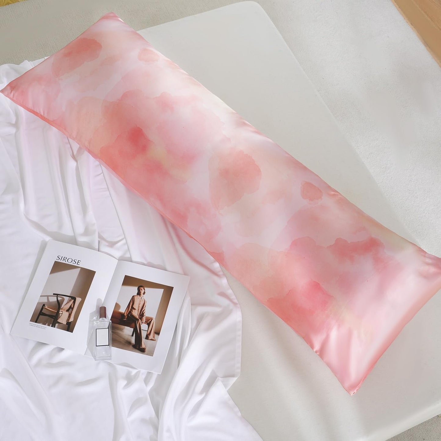 MR&HM Satin Body Pillow Cover, Soft and Breathable Body Pillow Case with Envelope Closure, Cooling and Silky Long Pillowcase for Hair and Skin,Grey (20x54, Dream Pink)