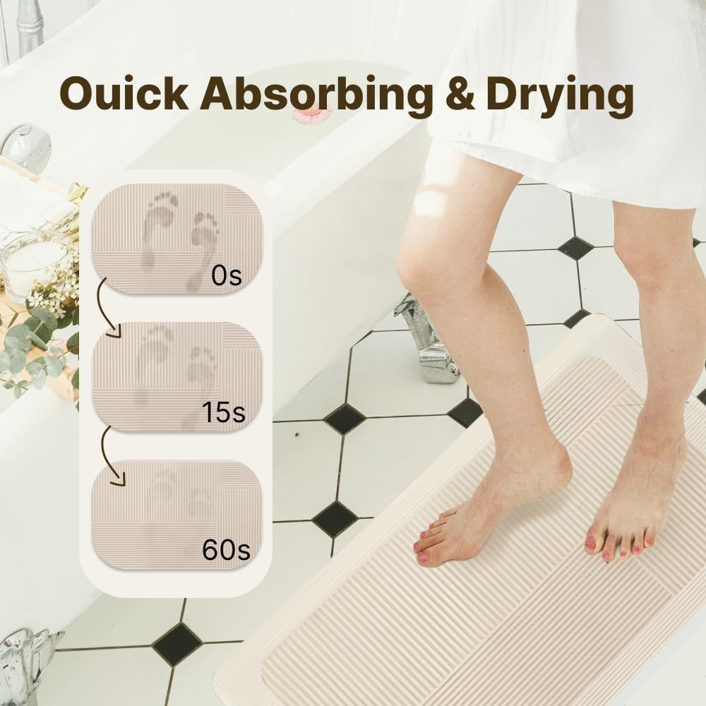Beige Striped Diatomite Bath Rug – Quick Dry Super Absorbent Diatomite Stone Shower Mat – Ultra Thin Non-Slip Rubber Bath Mats for Bathroom Floor, Stylish & Durable Home Décor, 24" x 17"