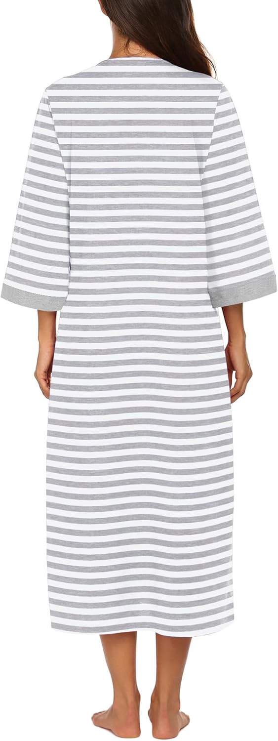 Ekouaer Women Zipper Robe 3/4 Sleeves Loungewear Dress Full Length Sleepwear Pockets Housecoat Nightgown Long Bathrobe