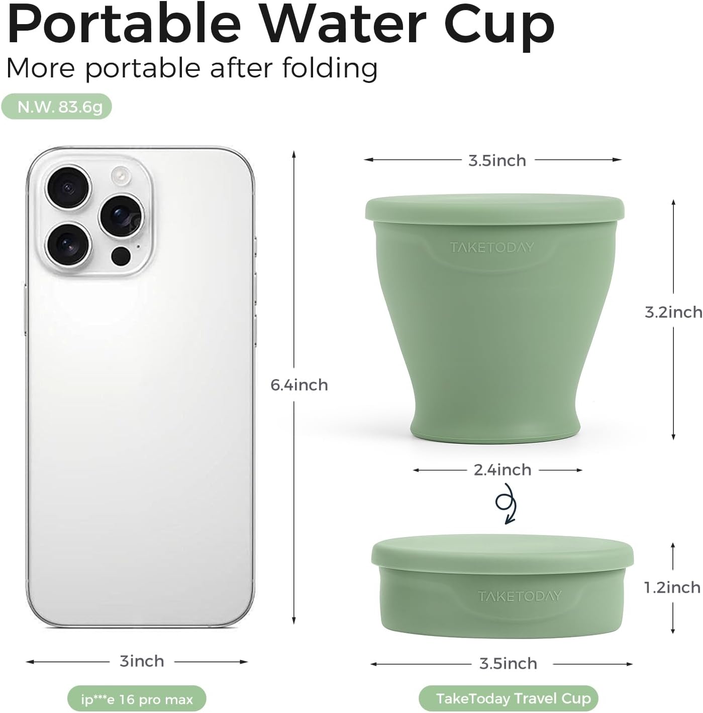 TakeToday Collapsible Travel Cup - Silicone Foldable Water Cup, BPA-Free with Lid & Waterproof Bag - Drinking Cup Set for Office, Camping & International Travel(8 Oz, Green)