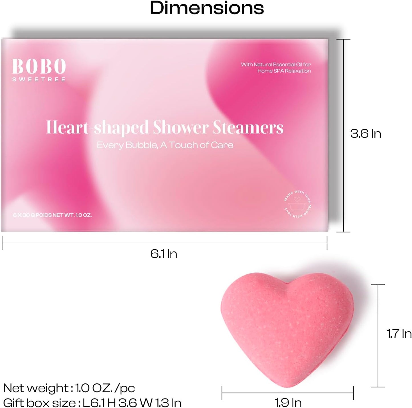 Shower Steamers Aromatherapy Heart-Shaped Pink with Rose Scent Natural Essential Oil for Self Care Home Spa Birthday Gift Daughter Wife Mom, Pack of 6 (Pink)