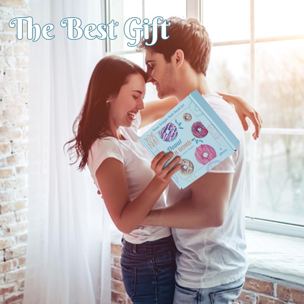 KAV Donut Bath Bombs Gift Set – 4 Piece Handmade Organic Bath Bomb Kit with Essential Oils – Relaxation Spa Gift for Women, Men, Teens, Kids – Self Care & Aromatherapy Soak