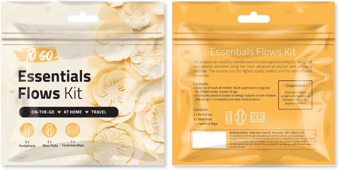 Essential Flow Kit – Case of 60 Individually Packed Period Kits for Schools, Students & Emergency Needs | Includes 3 Pantiliners, 2 Maxi Pads & 1 Feminine Wipe in a Discreet Zip Bag (Orange)