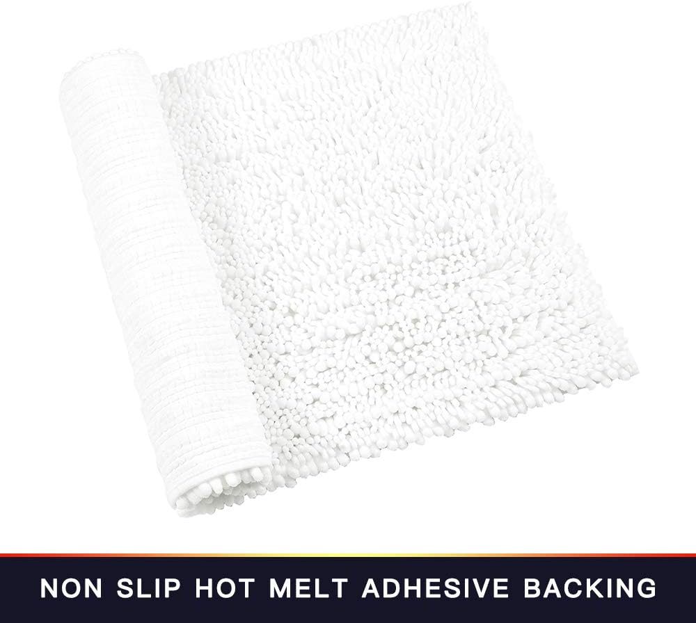 Walensee Bathroom Rug 2 Pieces Set Non Slip Bath Mat (17x24 Plus 20x32 Inch White) Water Absorbent Super Soft Shaggy Chenille Machine Washable Dry Extra Thick Perfect Carpet for Shower Floor