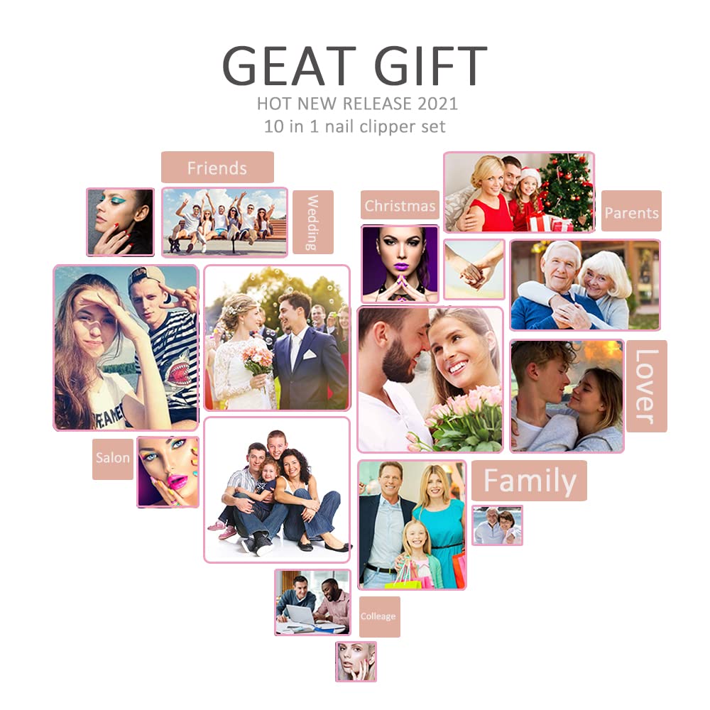 Manicure Set 10 in 1 Stainless Steel, Nail Clippers Scissors Pedicure Tools Kit - Portable Travel Grooming Kit for Men and Women with Leather Case (Rose gold)