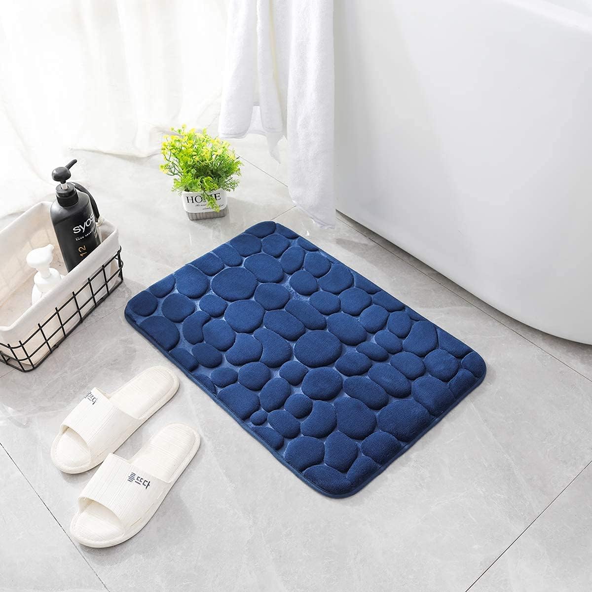 YIHOUSE Memory Foam Bath Mat Cobblestone Bathroom Rugs Super Water Absorbent Bath Mats for Bathroom Machine Washable Bath Rugs(17x24,Dark Blue)