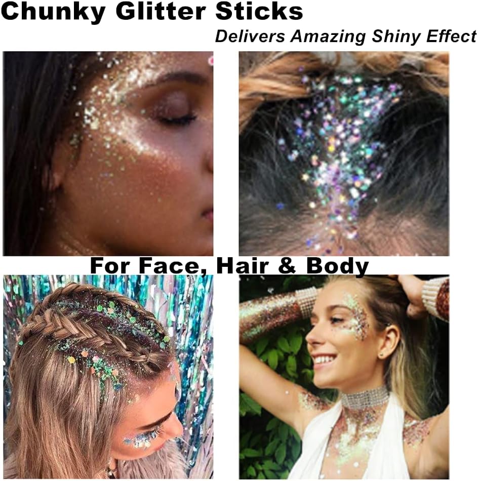 Mysense Green Body Glitter Stick, St Patricks Day Accessories, Face Hair Glitter Gel for Kids, Festival Rave Outfit for Women, Sparkling Mermaid Sequins Chunky Glitter Makeup, 0.56oz