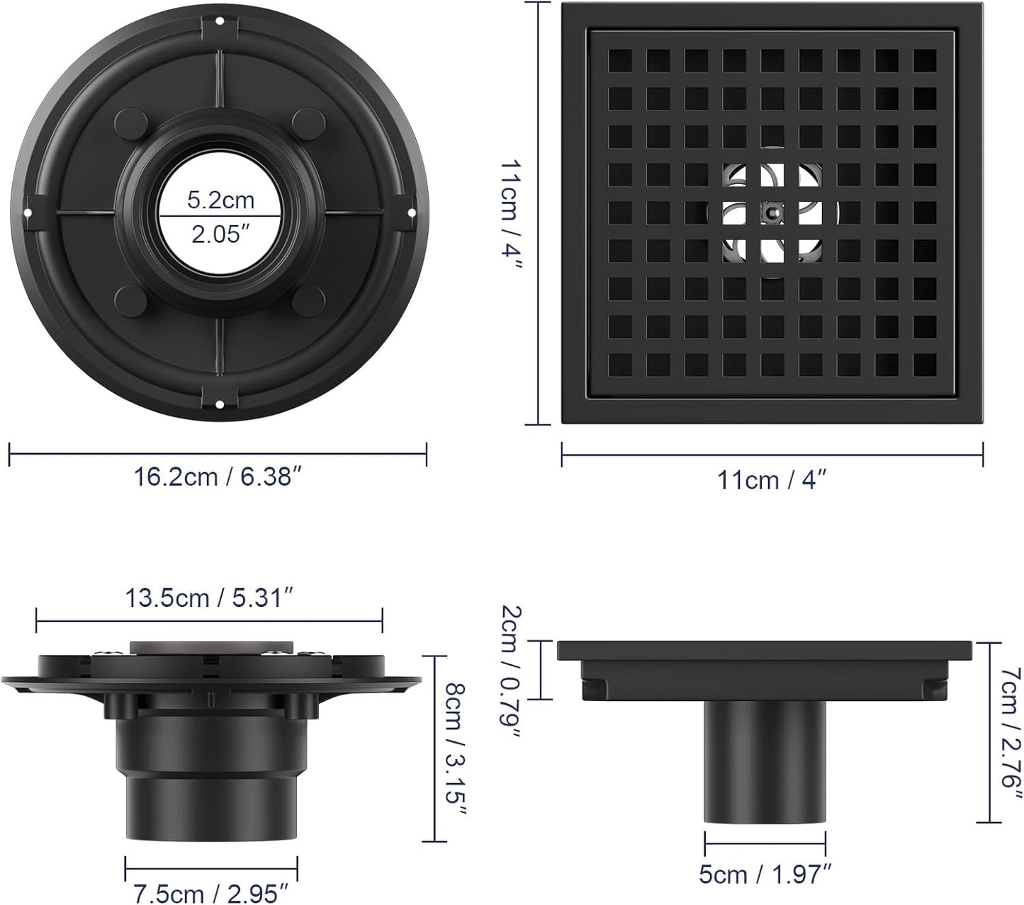 Square Shower Floor Drain with Flange, 4 Inch Matte Black Shower Drain Hair Catcher, SUS304 Stainless Steel Floor Drain Strainer, Shower Drain Cover