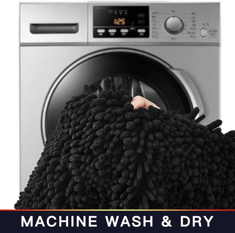 Walensee Bathroom Rug Non Slip Bath Mat (24x17 Inch Black) Water Absorbent Super Soft Shaggy Chenille Machine Washable Dry Extra Thick Perfect Absorbant Best Small Plush Carpet for Shower Floor