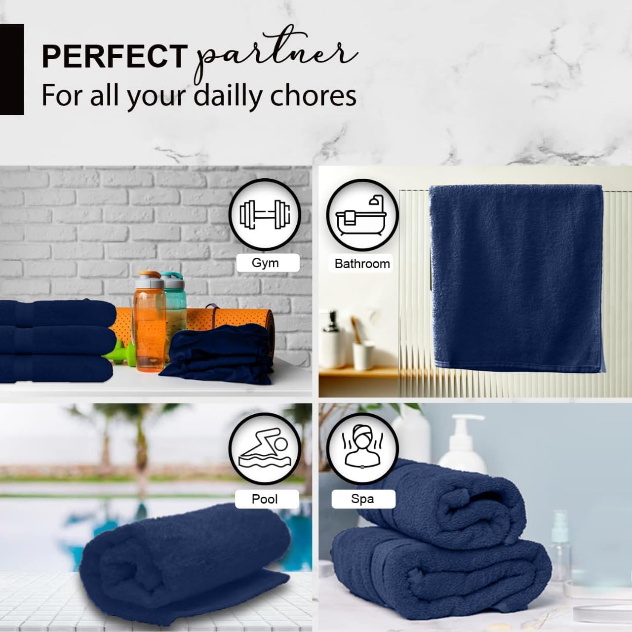100% Cotton Bath Towels, Navy 24x48 Pack of 6 Towels, Quick Dry, Highly Absorbent, Soft Feel Towel, Gym, Spa, Bathroom, Shower, Pool, Luxury Soft Towels (24x48-6 Pack, Navy)