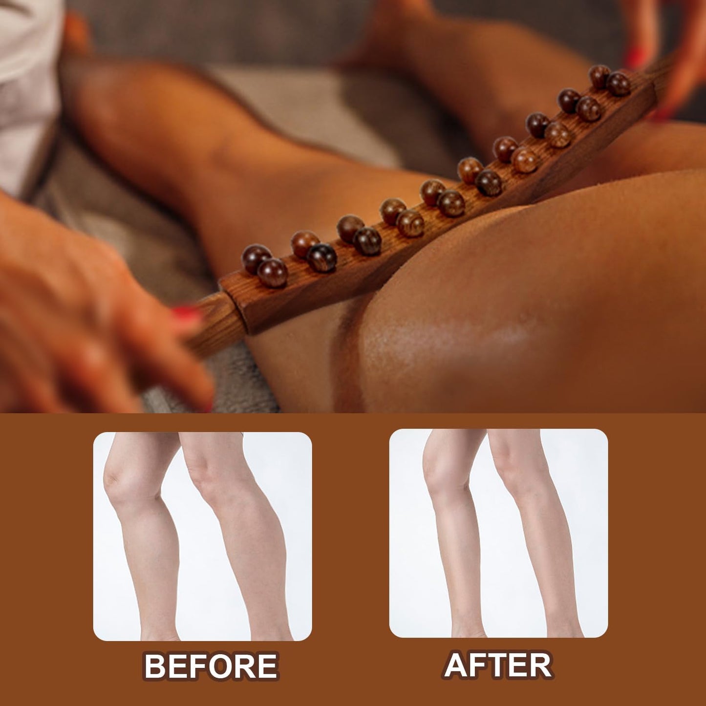 Wood Therapy Guasha Wood Stick Massage Tools, Lymphatic Drainage Massage Stick, Stomach Cellulite Massager, Myofascial Release Tool, Ease Pain Self Body Sculpting, Mountable Handle Double Row 20 Beads