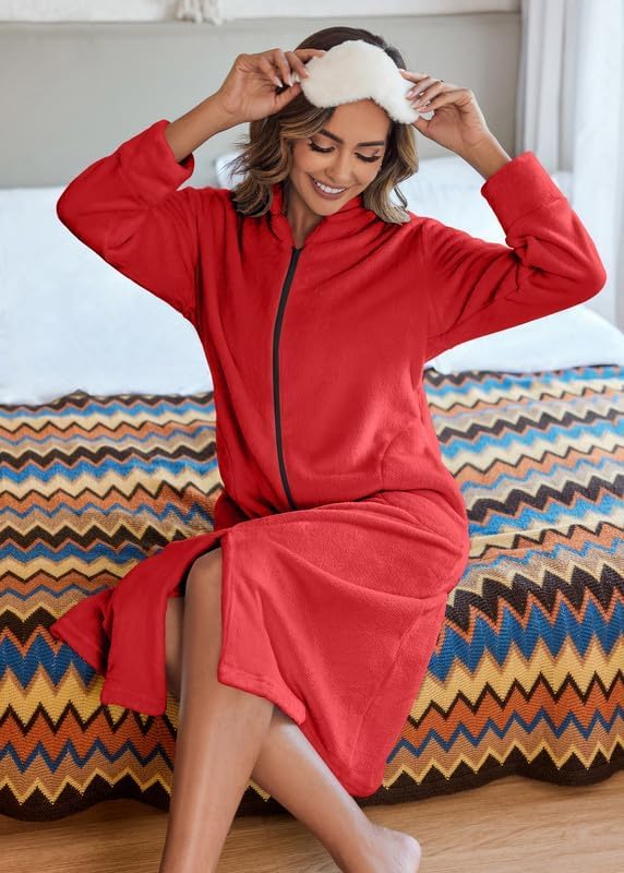 Ekouaer Women's Zip Up Robe Fleece Bathrobe Long Zipper Lounger Warm Housecoat Long Sleeve Nightgown with Pockets S-XXL