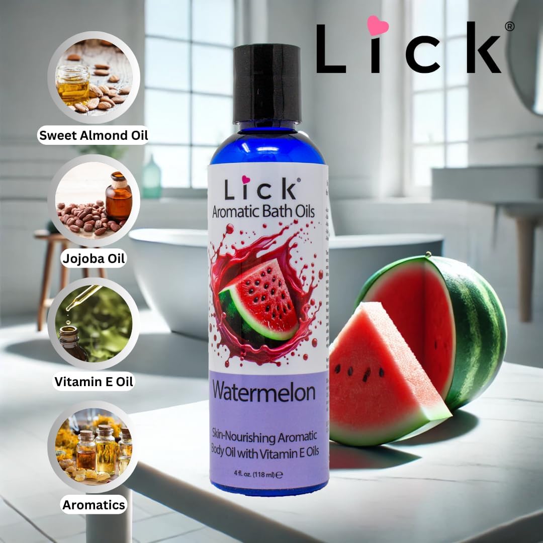 Lick Watermelon Aromatic Bath Oil - Natural Sweet Almond, Vitamin E & Jojoba Oils for Luxurious Experience for Women. Moisturizes Dry Skin, 12 Enchanting Aromas, Paraben Free, Made in USA 4 fl oz