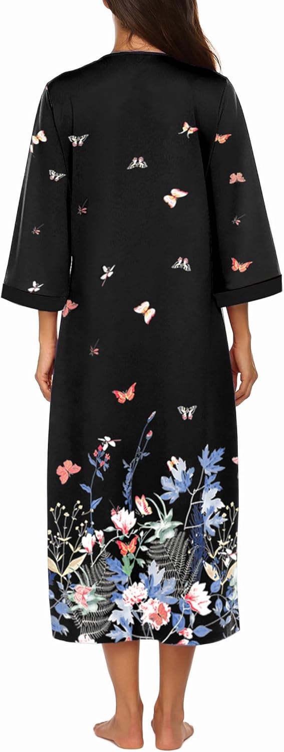 Ekouaer Women Zipper Robe 3/4 Sleeves Loungewear Dress Full Length Sleepwear Pockets Housecoat Nightgown Long Bathrobe