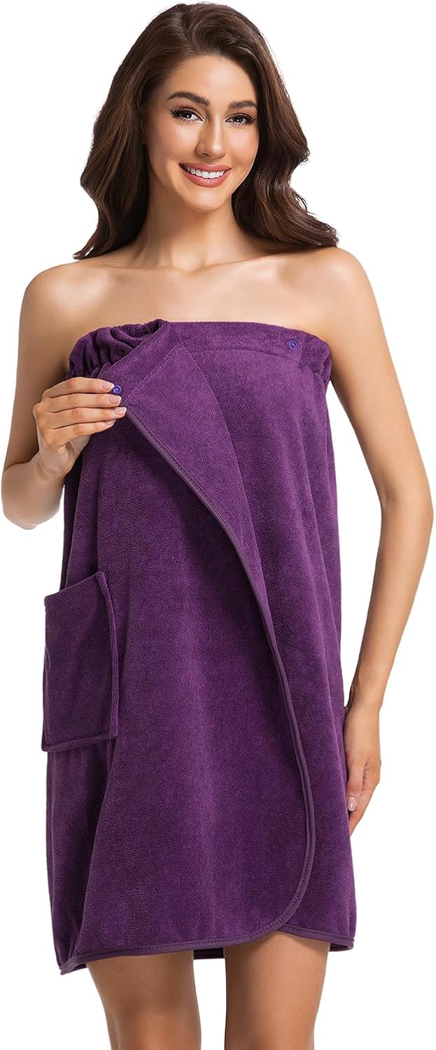 Womens Towel Wrap Bath Robe Lightweight Spa Body Wrap Shower Adjustable Snap Closure Bathrobe