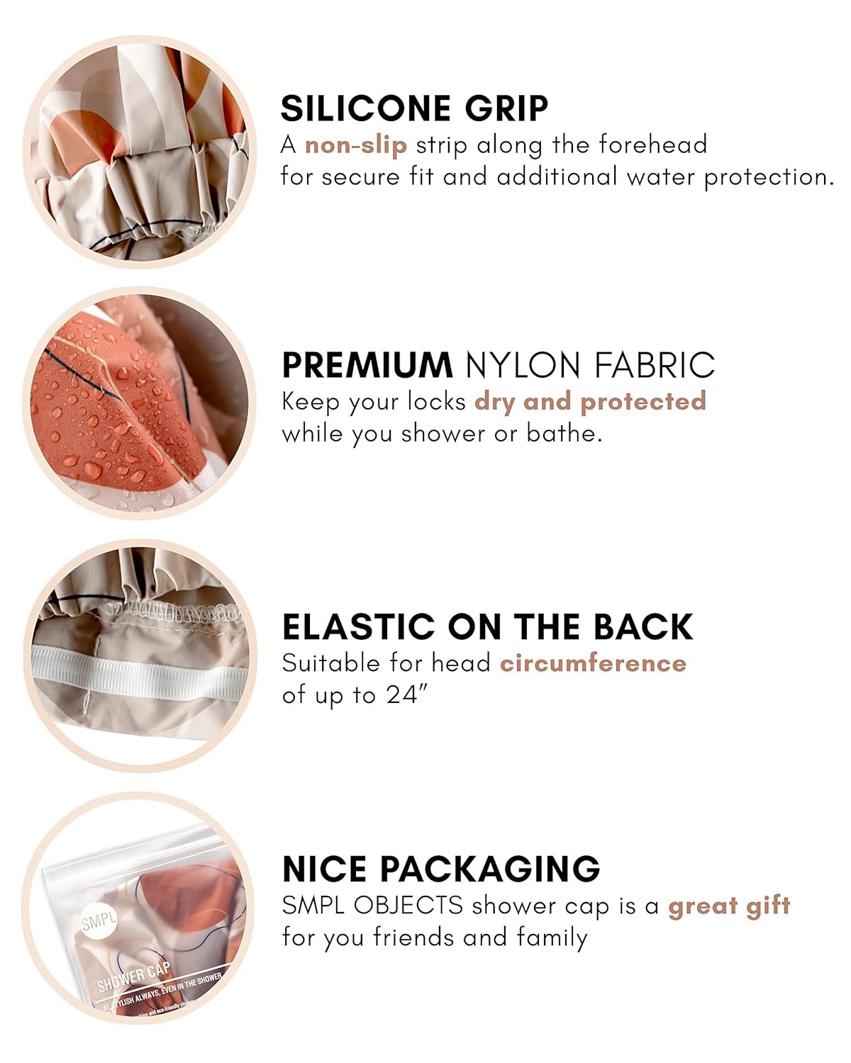 Shower Cap for Women Reusable Waterproof – Leakproof, Nonslip Hair Cap for Shower w/Comfy Flexiband – Soft, Breathable Shower Caps for Women – Shower Cap by SMPL OBJECTS (Shapes of beige)