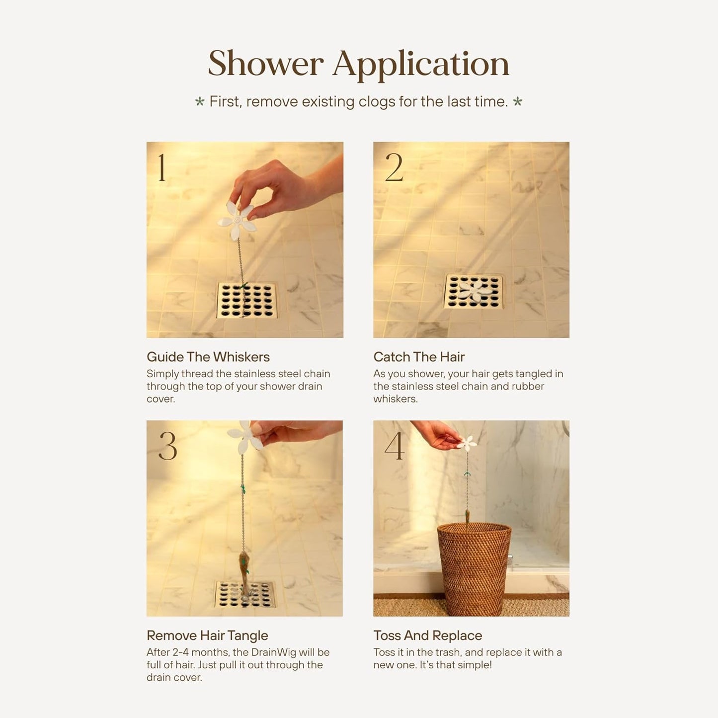 DrainWig Shower Drain Hair Catcher – Disposable White Flower (2-Pack) – No-Touch Hair Removal for Flat Shower Drains – As Seen on Shark Tank