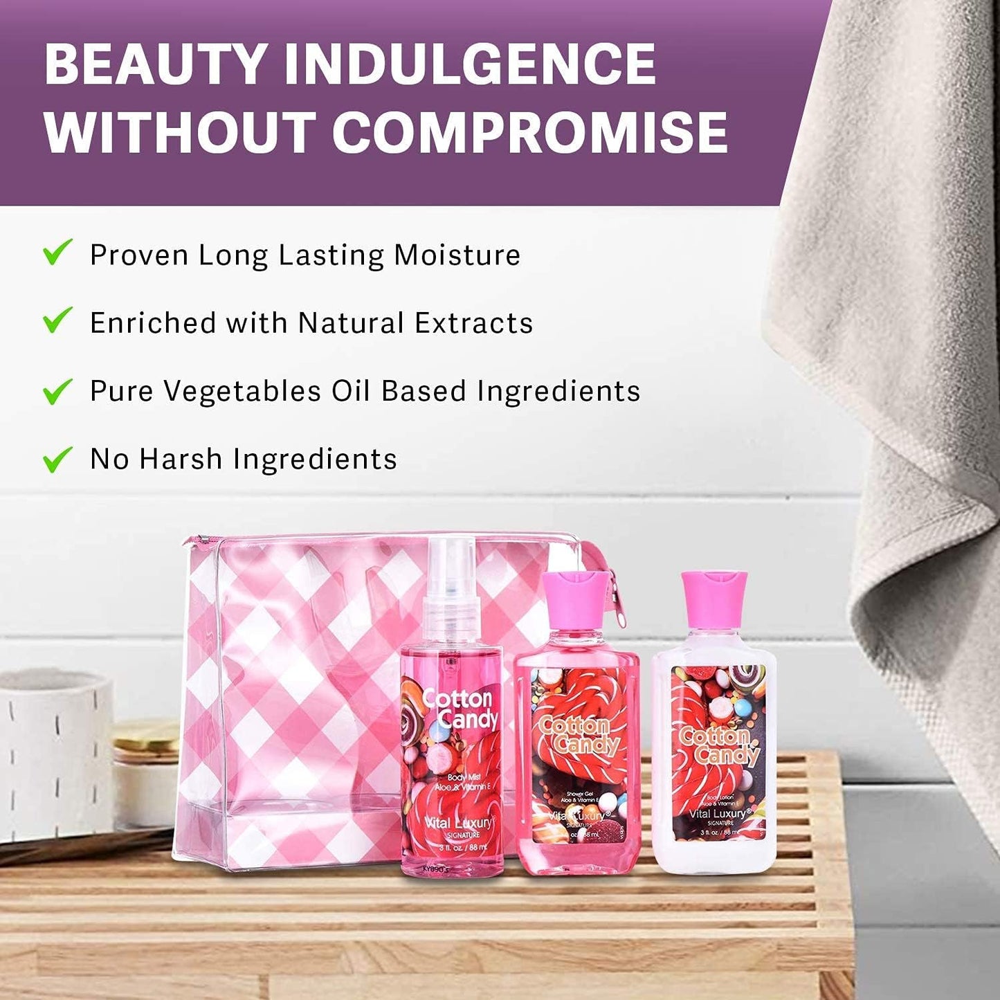 Bath and Body Gift Set - Cotton Candy Scented 3-Piece Travel Size Collection-3 Fl Oz , Shower Gel, Body Lotion, Body Mist, Compact & Lightweight, Ideal for Gifts, Travel, or Daily Skincare Routine