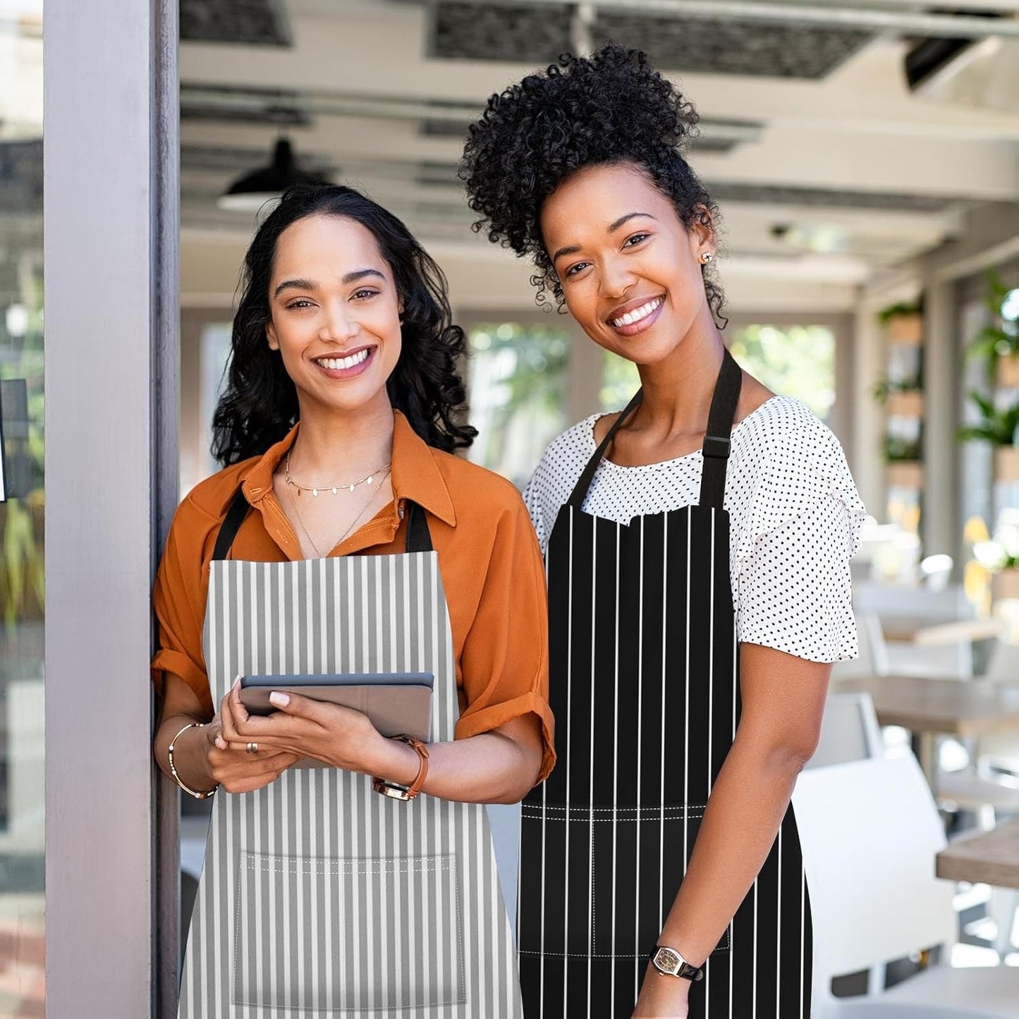 Britimes 2 Pack Aprons, Stripe Durable Adjustable Bib Aprons with 2 Pockets for Women Men Couple Lovers Chef Home Kitchen Cooking Baking Gardening Black Grey Stripes Apron 32x28 Inches