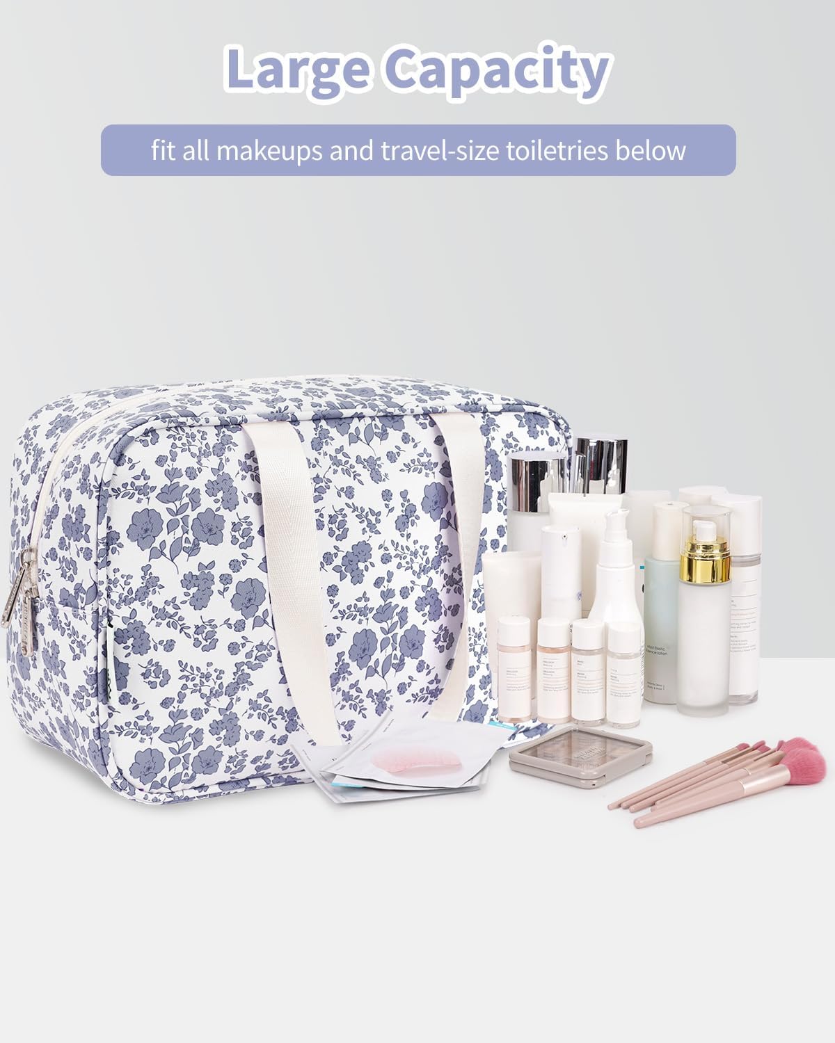 Narwey Full Size Toiletry Bag Women Large Cosmetic Bag Travel Makeup Bag Organizer Medicine Bag for Toiletries Essentials Accessories (Little Grayish Blue Flower, Large)