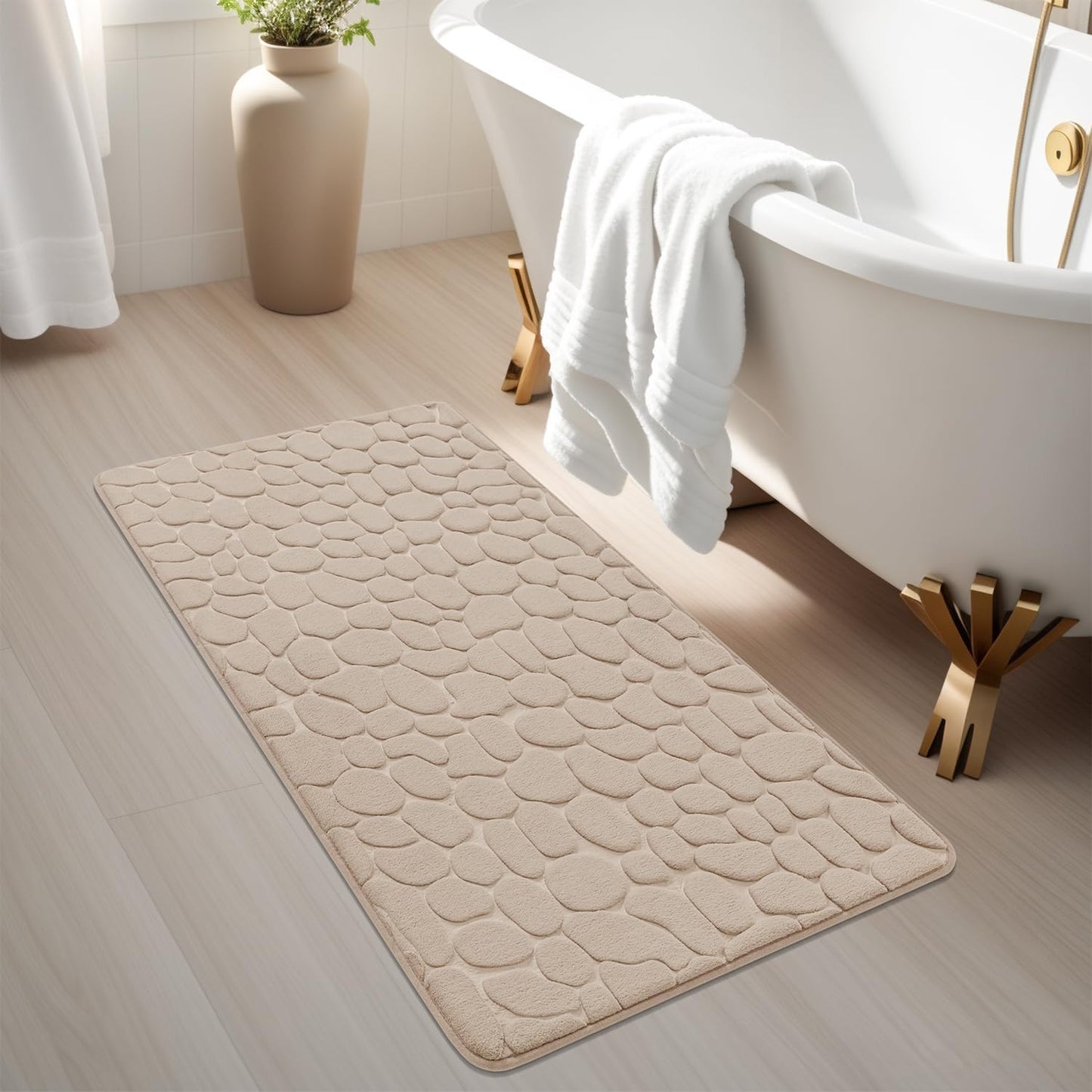 YIHOUSE Memory Foam Runner Rug, Cobblestone Bathroom Runner Rugs Super Water Absorbent Bath Mats for Bathroom Machine Washable Bath Rugs Runner for Hallway Bedroom Laundry Room(26 x 50,Khaki)
