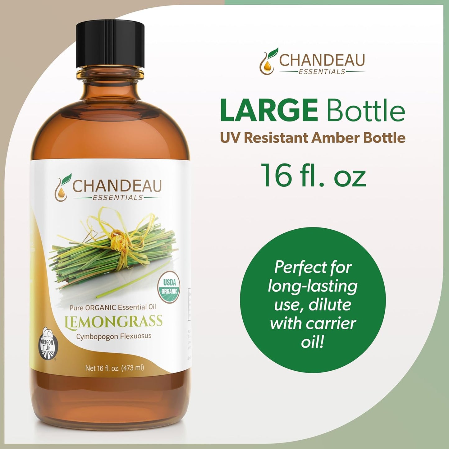 100% Pure Organic Essential Oil, Pure Lemongrass Essential Oil for Aromatherapy, Soap Making, Candles, Laundry, Perfume, Cleaners or Diffusers - Large Amber Glass Bottle, 16 oz.